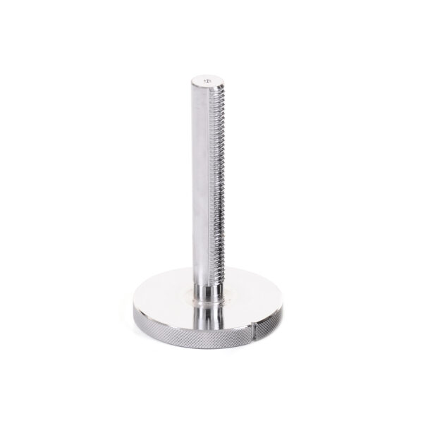 The Add On Kit Kettlebell Screw features a silver, cylindrical threaded rod and a round, flat base with a textured edge. The vertically oriented rod has grooves along its length, set against a plain white background.