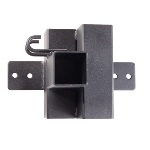 The Ironmaster Ultimate Chin Up Attachment for IM2000 is a black metal adapter with a square tube and mounting plate, featuring a U-shaped hook on one side and two elongated holes on each side of the plate for attachment.
