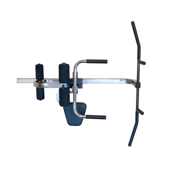 Image of the Ironmaster Ultimate Chin Up Attachment for IM2000. This wall-mounted pull-up bar and dip station features padded armrests and a back support for comfort during upper body workouts. Designed for home gym use, it includes grips for enhanced stability.
