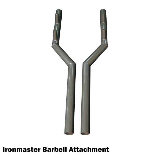The Ironmaster Dumbbell Spotting Stand BASE is a metal attachment featuring dual parallel rods that curve into a Y shape, designed to fit onto barbells for weightlifting exercises.