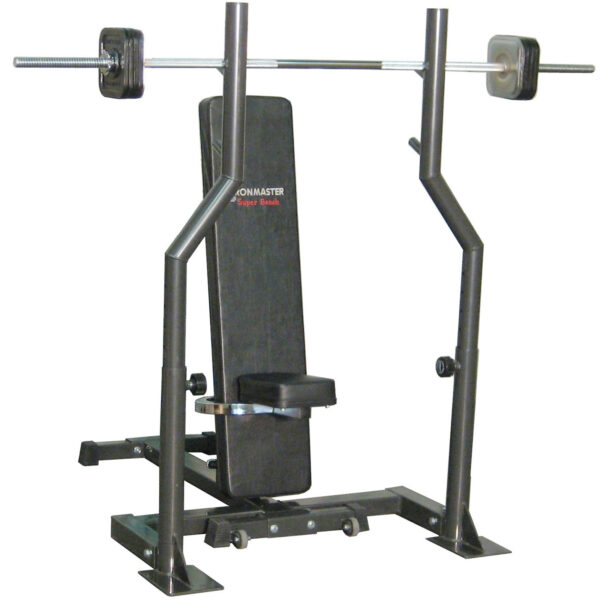 The Ironmaster Barbell Attachment is a black and silver home gym bench press with a padded seat and backrest, featuring a barbell with weights. This equipment stands on a flat base, ideal for strength training exercises.