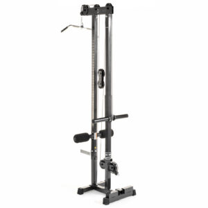 The Ironmaster Cable Tower Attachment V2 is a tall, black strength training machine with pulleys and cables. It includes a central column and attachments for exercises like lat pull-downs and seated rows, all set on a sturdy black base.