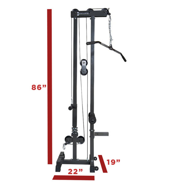The Ironmaster Cable Tower Attachment V2 is a versatile home gym system with a sturdy metal frame, including a lat pull-down feature. Its dimensions are 86 H x 22 W x 19 D.