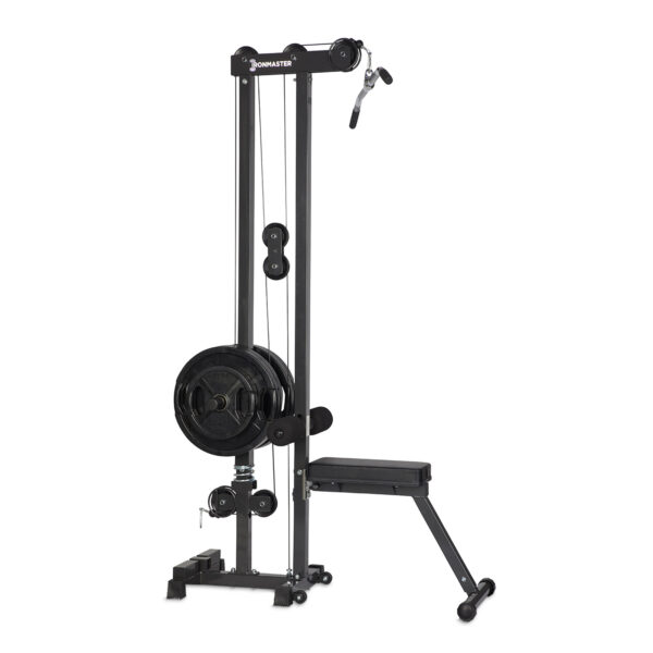 The Ironmaster Cable Tower Attachment V2 is a black cable machine featuring weight plates, pulleys, and an adjustable bench. Designed for diverse strength-training exercises, it boasts a compact and versatile build ideal for personal fitness use.