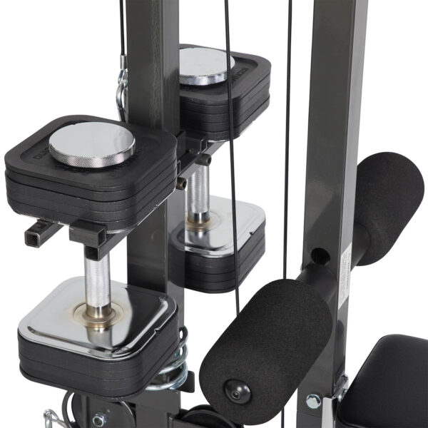 Close-up of the Ironmaster Cable Tower Attachment V2, featuring shiny metal weight stacks, foam-covered handles, and cable attachments on a sturdy metallic structure for strength training.