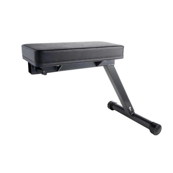 The Ironmaster Cable Tower Seat features a black preacher curl bench with a padded armrest and sturdy metal frame, perfect for upper arm and bicep exercises, and boasts a compact, sleek design.