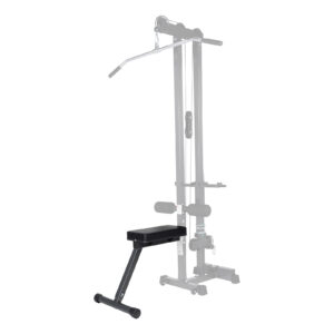 The Ironmaster Cable Tower Seat is a gym machine tailored for back exercises, equipped with a lat pull-down bar, padded seat, and foam leg support rollers. It features a metallic frame with visible cables and pulley mechanisms.