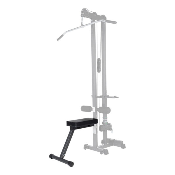 The Ironmaster Cable Tower Seat is a gym machine tailored for back exercises, equipped with a lat pull-down bar, padded seat, and foam leg support rollers. It features a metallic frame with visible cables and pulley mechanisms.