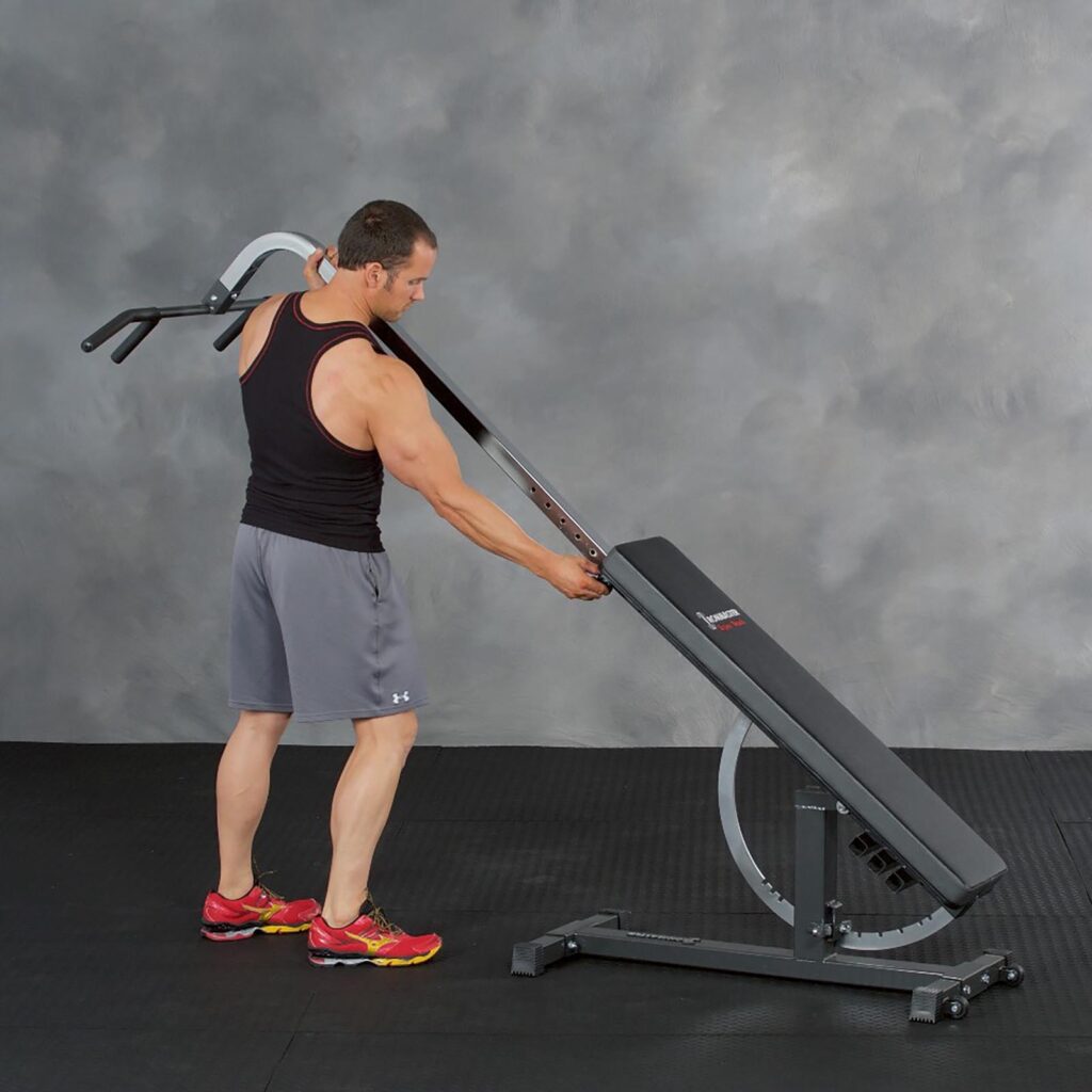 Man docking Ironmaster Chin Up attachment into a Super Bench
