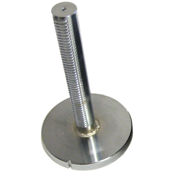 A close-up of the Quick Lock Dumbbell 165lb Kit shows a metal piece with a rounded top, textured cylindrical shaft, and smooth flat circular base. Its positioned upright on a plain white background.
