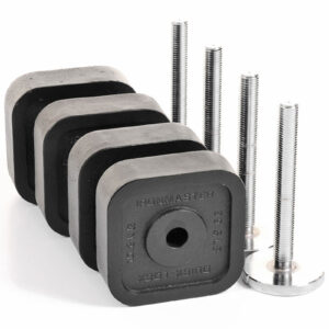 The Quick Lock Dumbbell 165lb Kit features a set of square, stackable black weight plates with central holes, accompanied by three long metal bolts and a circular base, ideal for adjustable dumbbells or weightlifting equipment.