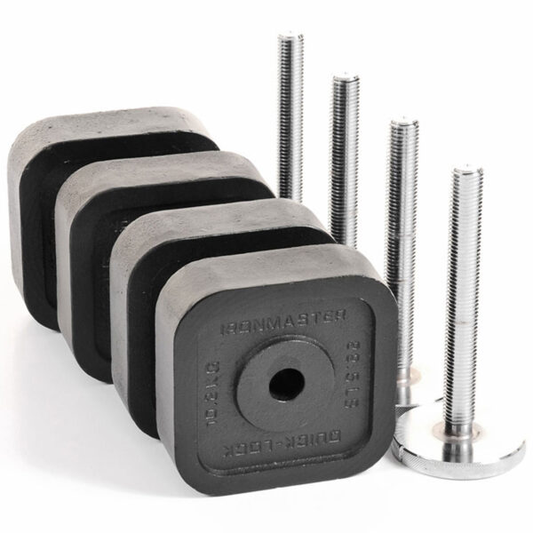 The Quick Lock Dumbbell 165lb Kit features a set of square, stackable black weight plates with central holes, accompanied by three long metal bolts and a circular base, ideal for adjustable dumbbells or weightlifting equipment.