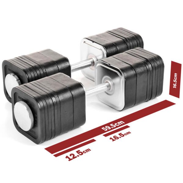 A pair of Quick Lock Dumbbells with adjustable square black weight plates and silver handles, measuring 12.5 cm in width, 16.5 cm in height, and 59.5 cm in length.