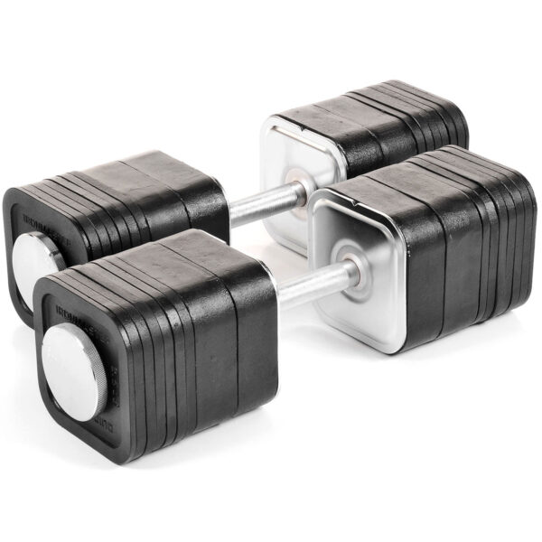 The Quick Lock Dumbbell 165lb Kit features adjustable dumbbells with square black plates and silver handles on a white background. Each dumbbell includes stacked plates for customizable weight adjustments.