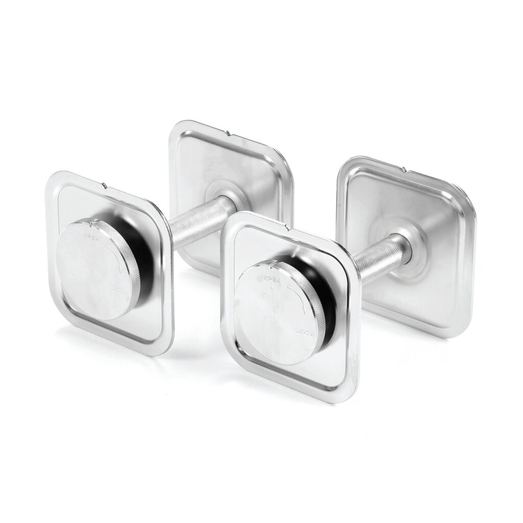 A pair of square-shaped Ironmaster Quick Lock Dumbbell Handles with round, smooth knobs and a sleek chrome finish, positioned side by side.