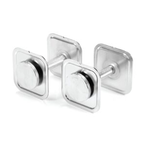 A pair of square-shaped Ironmaster Quick Lock Dumbbell Handles with round, smooth knobs and a sleek chrome finish, positioned side by side.