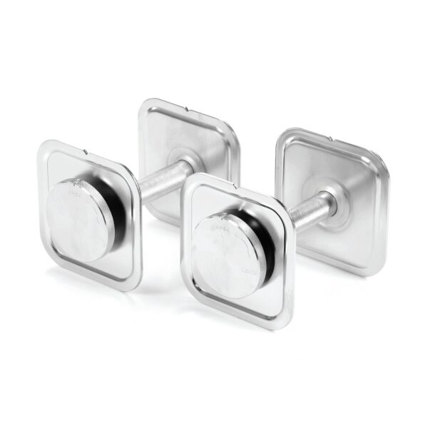A pair of square-shaped Ironmaster Quick Lock Dumbbell Handles with round, smooth knobs and a sleek chrome finish, positioned side by side.