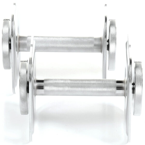 Ironmaster Quick Lock Dumbbell Handles, featuring shiny metal with knurled grips and round plates, are positioned side by side on a white background.