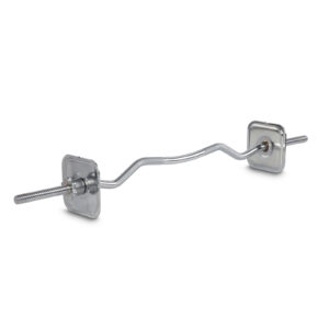 The Ironmaster EZ Curl Bar, featuring a silver zigzag design and square weight plates, is set against a white background.