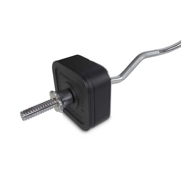 Close-up of the Ironmaster EZ Curl Bar featuring a digital torque wrench, black square head, metallic adjustable handle with measurement markings, and a protruding steel extension. The device looks precise and modern.