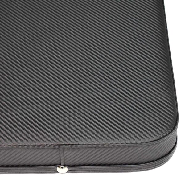 Close-up of a textured black laptop sleeve with a carbon fiber pattern reminiscent of the sleek design found in the Ironmaster Hybrid Bench Pad. The sleeves corner showcases a smooth zipper line with small metallic accents.