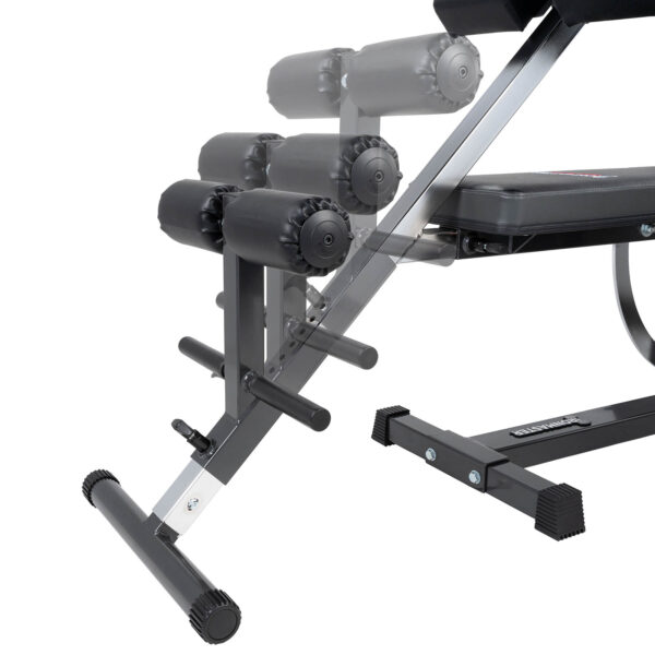 The Ironmaster Hyper Core Attachment is presented with black padding and multiple settings. It includes sturdy metal support bars, rollers for leg exercises, and a sleek, modern design ideal for home gyms.