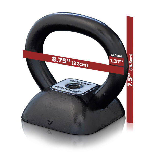 The Ironmaster Adjustable Kettlebell Handle is black and square-shaped, measuring 8.75 (22 cm) wide, 7.5 (19.5 cm) tall, with a 1.37 (3.5 cm) handle thickness, offering a rugged and durable design ideal for versatile strength training sessions.
