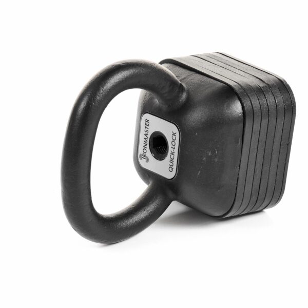 The 57.5lbs Kettlebell Weight Kit features an adjustable kettlebell with stackable weights, a black handle, and a square base. The label reads IRONMASTER Quick-Lock.