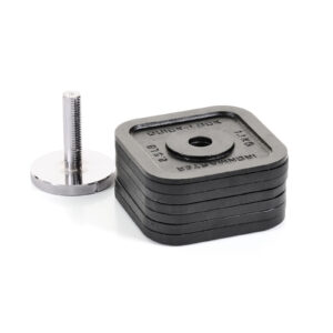 A stack of square black weight plates labeled 1.25 KG sits beside a metallic threaded bolt with a flat, circular base from the 57.5lbs Kettlebell Weight Kit, all against a plain white background.