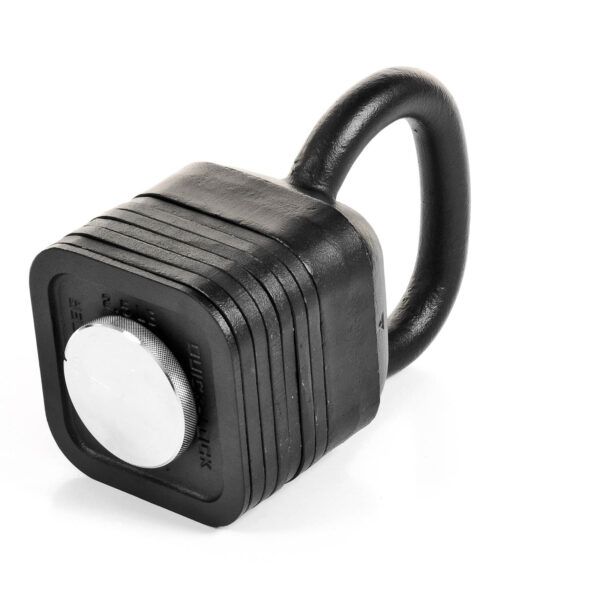 A black combination padlock with a square body and circular dial, resembling the 80lbs Kettlebell Weight Kit, lies diagonally on a white surface. Its sturdy shackle is curved and securely locked.