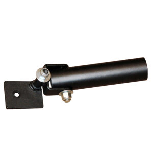 The Ironmaster Landmine Attachment is a black metal bracket with a cylindrical holder and square flat base, featuring two bolt fasteners, perfect for securing cylindrical objects to various surfaces.
