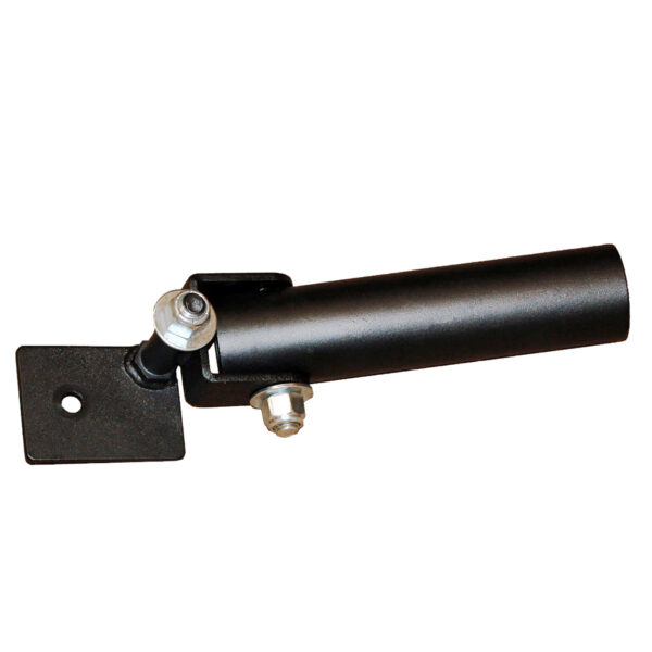 The Ironmaster Landmine Attachment is a black metal bracket with a cylindrical holder and square flat base, featuring two bolt fasteners, perfect for securing cylindrical objects to various surfaces.