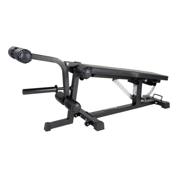 The Ironmaster Leg Lift PRO is a black adjustable weight bench with padded support, perfect for various exercises. It includes leg rollers and a sturdy metal frame, making it ideal for home gyms and fitness routines.