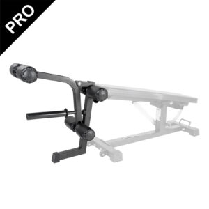 The Ironmaster Leg Lift PRO, featuring roller pads, is attached to a transparent gym bench for leg exercises and muscle training. A PRO label is visible in the top left corner.