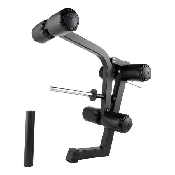 The Ironmaster Leg Lift PRO is a black gym leg extension and curl machine with padded rollers and a metal frame, showcased at an angle to emphasize its sturdy construction and adjustable features. A nearby vertical attachment completes the setup.