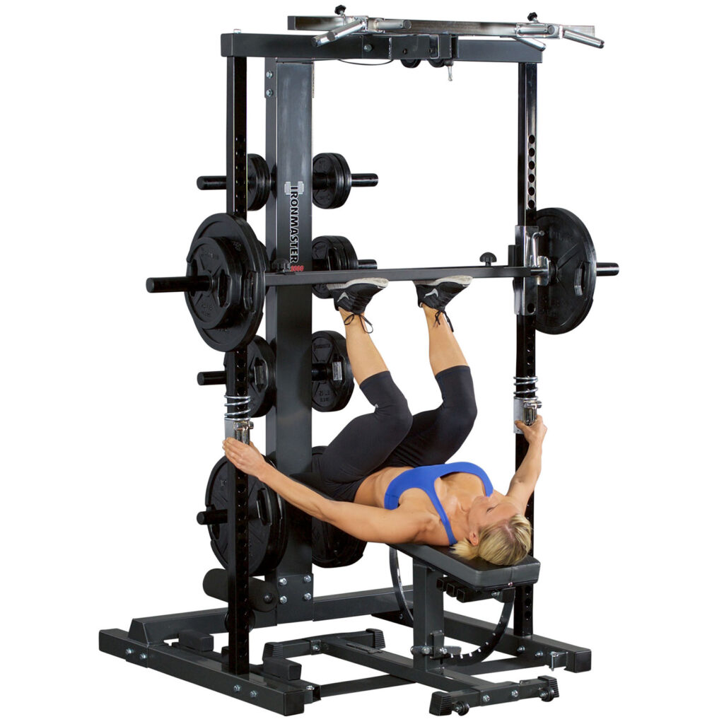 Woman doing vertical leg press on Ironmaster Smith Machine