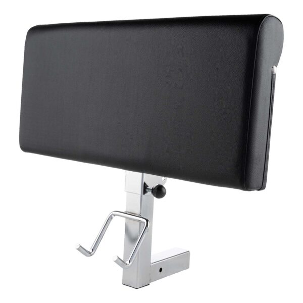 Ironmaster Preacher Pad comes with a black cushioned headrest, metal hooks, and an adjustable silver metallic base.