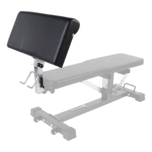 The Ironmaster Preacher Pad, shown against a plain white background, is attached to a weight bench with a sturdy metal frame and adjustable settings, ideal for various exercises.