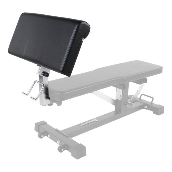 The Ironmaster Preacher Pad, shown against a plain white background, is attached to a weight bench with a sturdy metal frame and adjustable settings, ideal for various exercises.