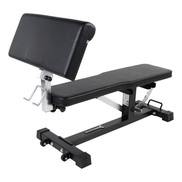 The Ironmaster Preacher Pad features a black padded seat and backrest angled for incline exercises. It has a sturdy black metal frame with wheels for easy mobility.
