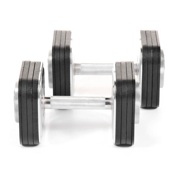 A pair of Ironmaster 45lb Adjustable Dumbbells with black plates and silver handles are placed side by side on a white background, each featuring five weight plates per side, highlighting their modern and sleek design.
