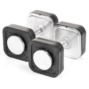 A pair of Ironmaster 45lb Adjustable Dumbbells with stacked plates on a white background, showcasing a shiny black and silver metallic design.