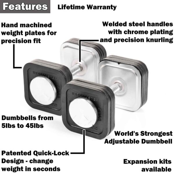 The Ironmaster 45lb Adjustable Dumbbells feature a sleek design with square weight plates, welded steel handles, and chrome plating for smooth transitions. Enjoy quick weight changes, expansion kits from 5 to 45 lbs., and peace of mind with a lifetime warranty.