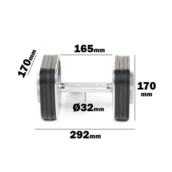 The Ironmaster 45lb Adjustable Dumbbell in black and silver measures 292mm in length, 170mm in height, 165mm in plate width, and has a handle diameter of Ø32mm. It is shown horizontally against a white background.