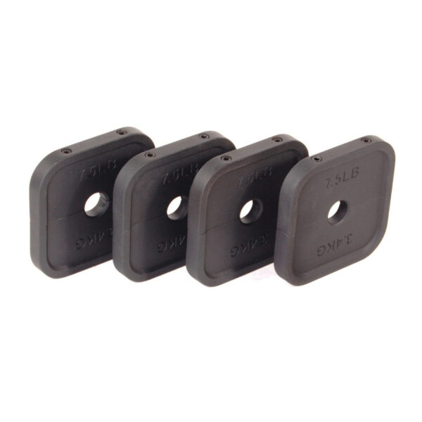 The Ironmaster Heavy Handle Kit includes four black, square weight plates with rounded edges and a central hole for the adjustable dumbbell bar. Each is labeled 7.5 LB (3.4 KG) and made of sturdy material, lined up in a row.