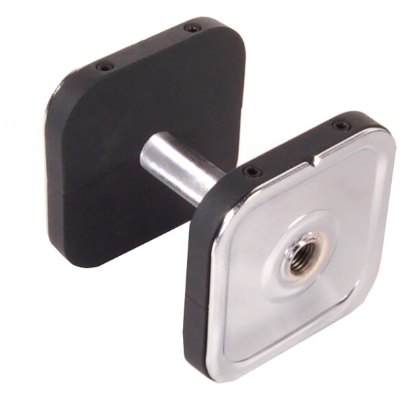 Close-up of the Ironmaster Heavy Handle Kit, a modern, square-shaped adjustable dumbbell with a metallic handle and black weights. The sleek, flat surfaces enhance its contemporary design, angled on a white background.