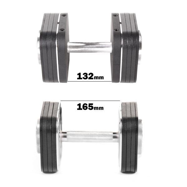 Two Ironmaster Heavy Handle Kit dumbbells with precise dimensions—132 mm wide at the top and 165 mm at the bottom—feature neatly stacked weights on each end of a metallic handle, offering versatile size configurations for your workout.