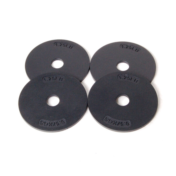 Four black weight plates, each labeled 1.25 LB, are arranged in a square pattern on a white backdrop, enhancing the sleek Ironmaster Heavy Handle Kit design.