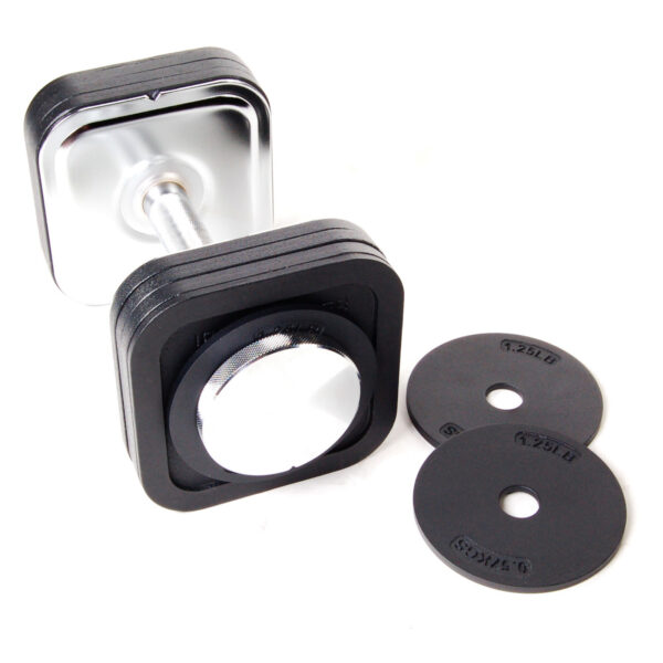 The Ironmaster Heavy Handle Kit has a unique square-shaped metal handle with sleek black weight plates. It includes two extra 1.25 kg plates, ideal for customizable workouts against a white backdrop.