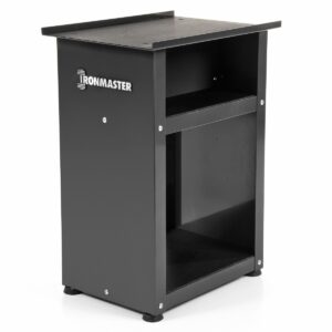 The Ironmaster Quick Lock Dumbbell Stand in black features a sleek, minimalist design with two sturdy metal shelves to complement your Ironmaster adjustable dumbbells, displaying the brand logo prominently on the upper left corner.